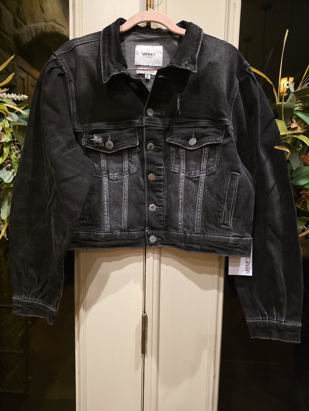 Vervet by Flying Monkey Cropped Puff Sleeve Trucker Denim Jacket